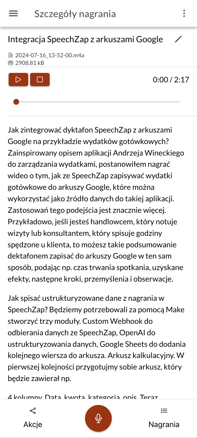 Bogatsze dane w SpeechZap: paragrafy, slug i tagi - przykład dłuższej transkrypcji z paragrafami