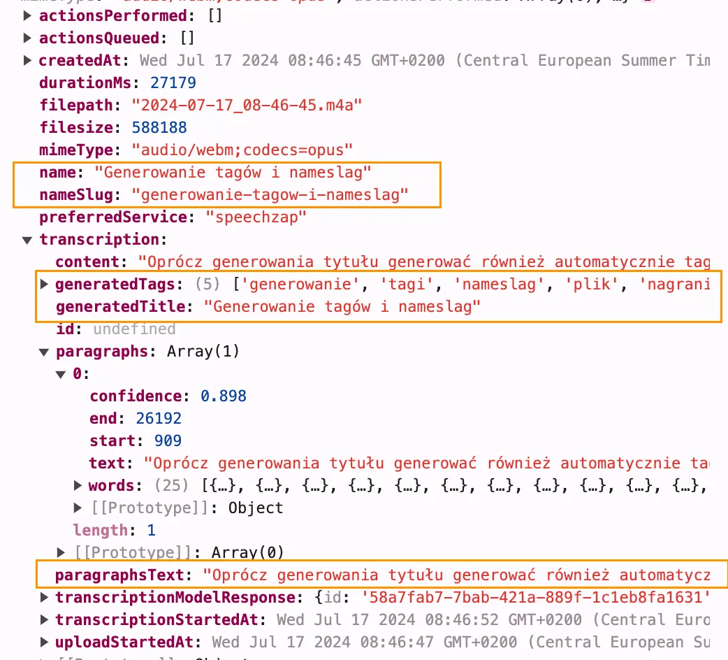 Bogatsze dane w SpeechZap: paragrafy, slug i tagi - widok struktury danych