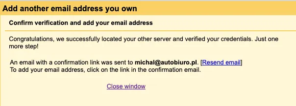 Firmowy email w Gmailu za darmo - okienko potwierdzenia