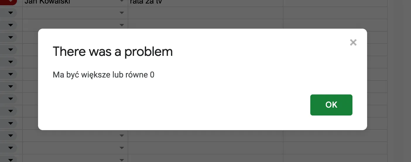 Jak nie zepsuć sobie Arkuszy Google? - komunikat o błędzie