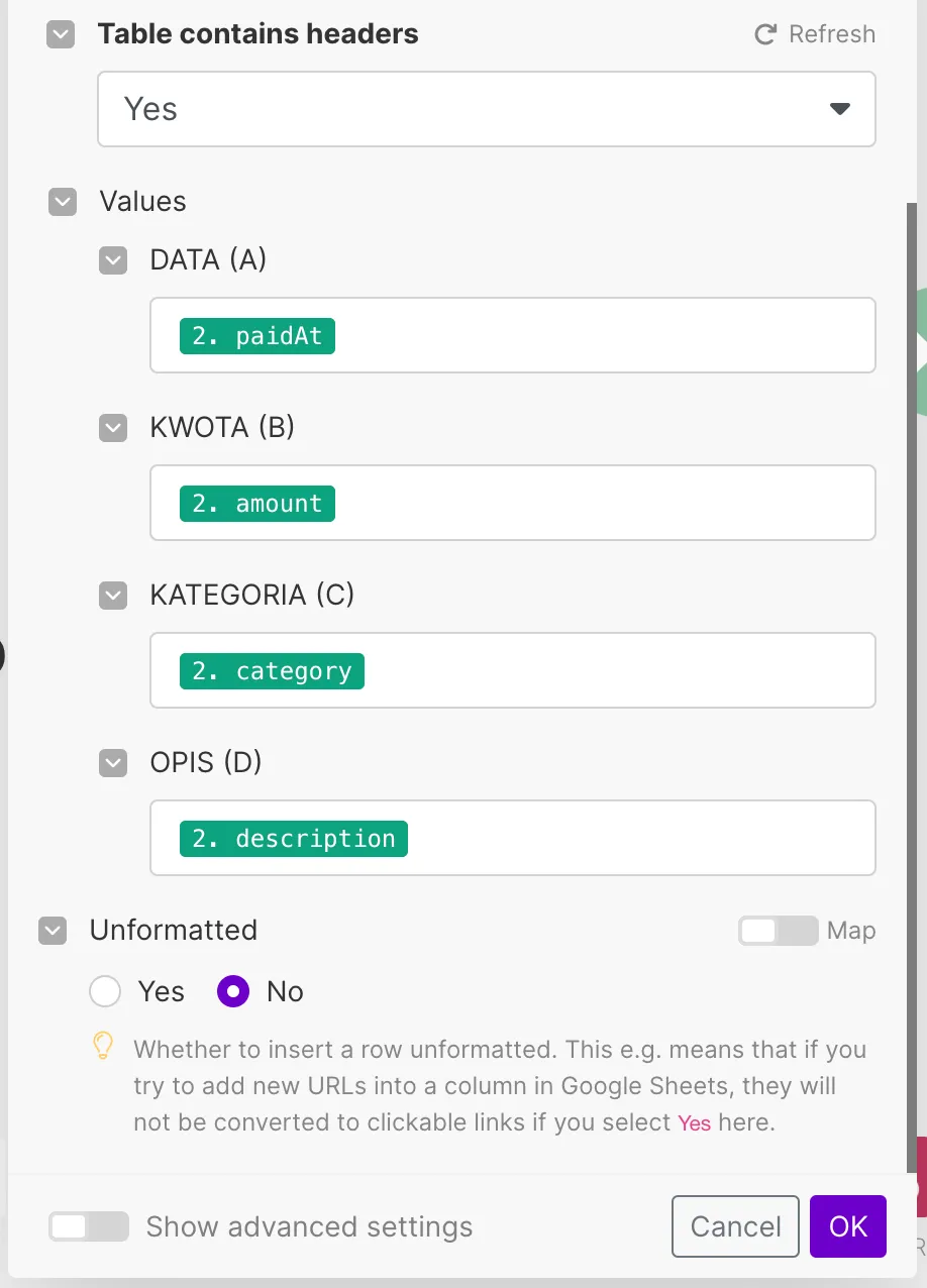 Jak zintegrować dyktafon SpeechZap z arkuszami Google na przykładzie wydatków gotówkowych? Make Google Sheets dane