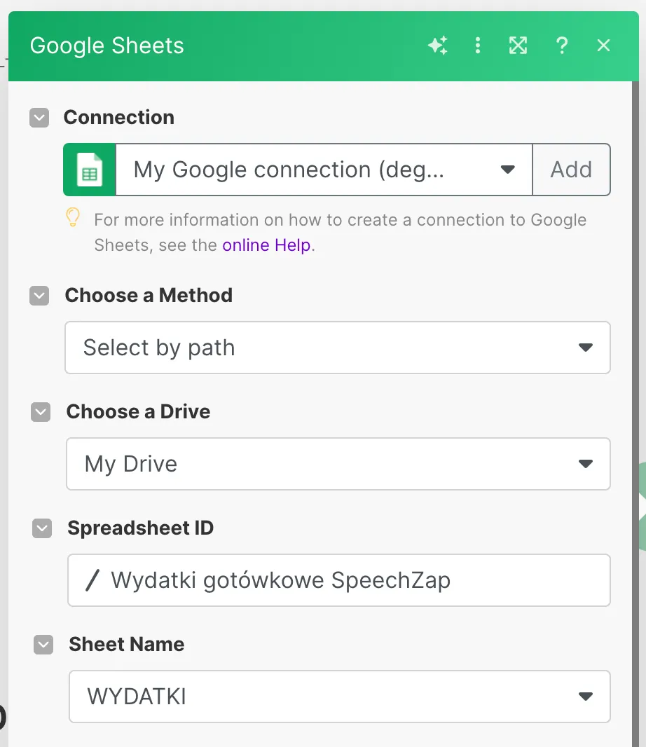 Jak zintegrować dyktafon SpeechZap z arkuszami Google na przykładzie wydatków gotówkowych? Make Google Sheets