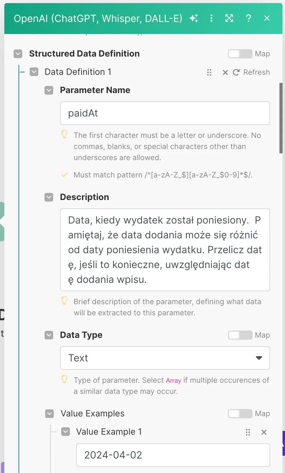 Jak zintegrować dyktafon SpeechZap z arkuszami Google na przykładzie wydatków gotówkowych? Open AI - data poniesienia wydatku