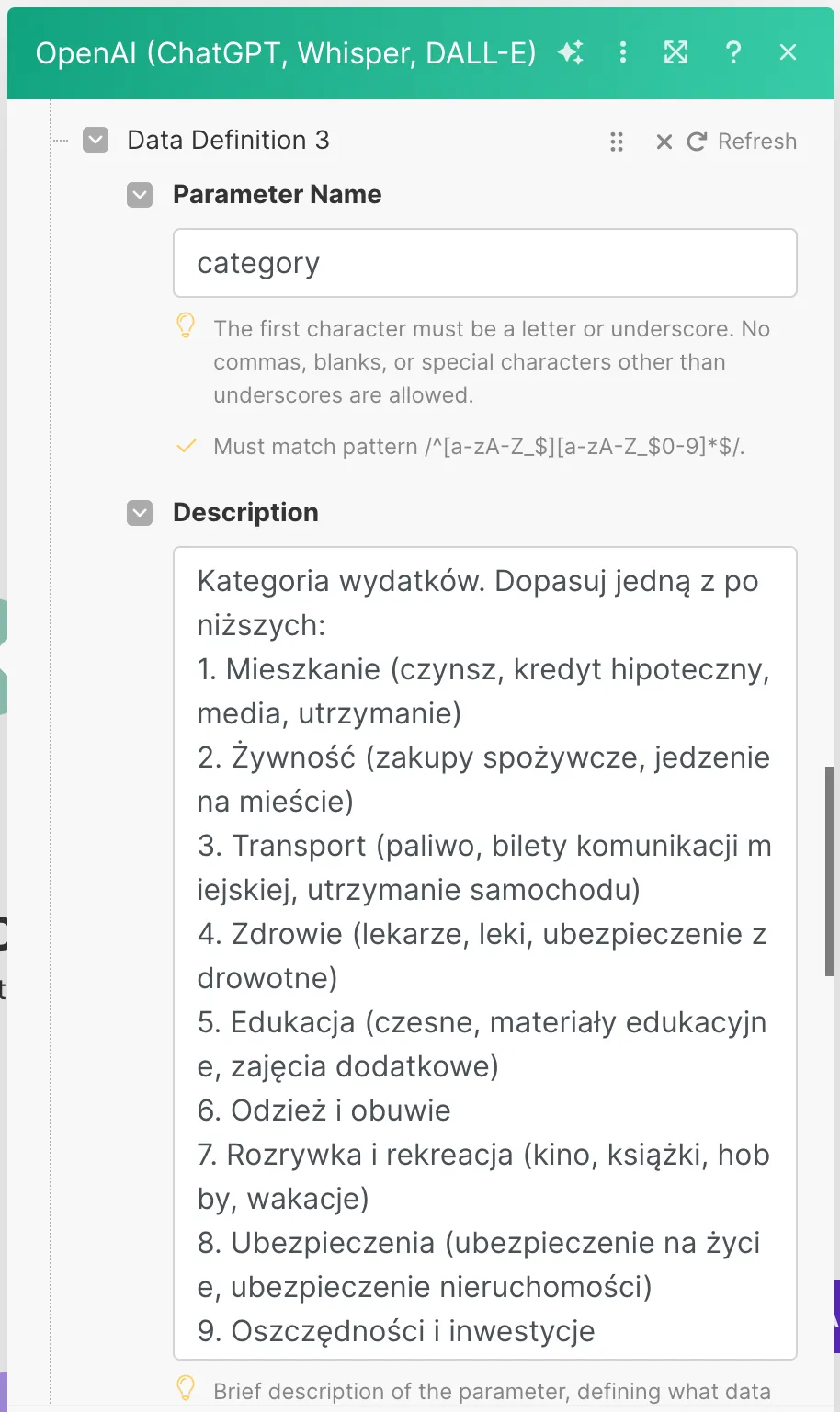 Jak zintegrować dyktafon SpeechZap z arkuszami Google na przykładzie wydatków gotówkowych? OpenAI kategoria wydatku