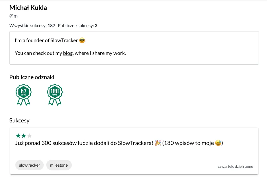 SlowTracker - widok publicznego profilu
