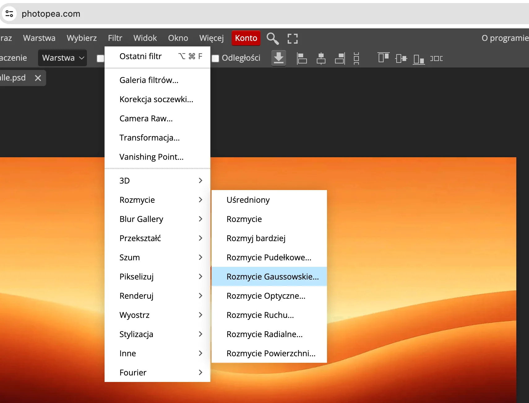 Jak zastosować rozmycie Gaussowskie w Photopea?