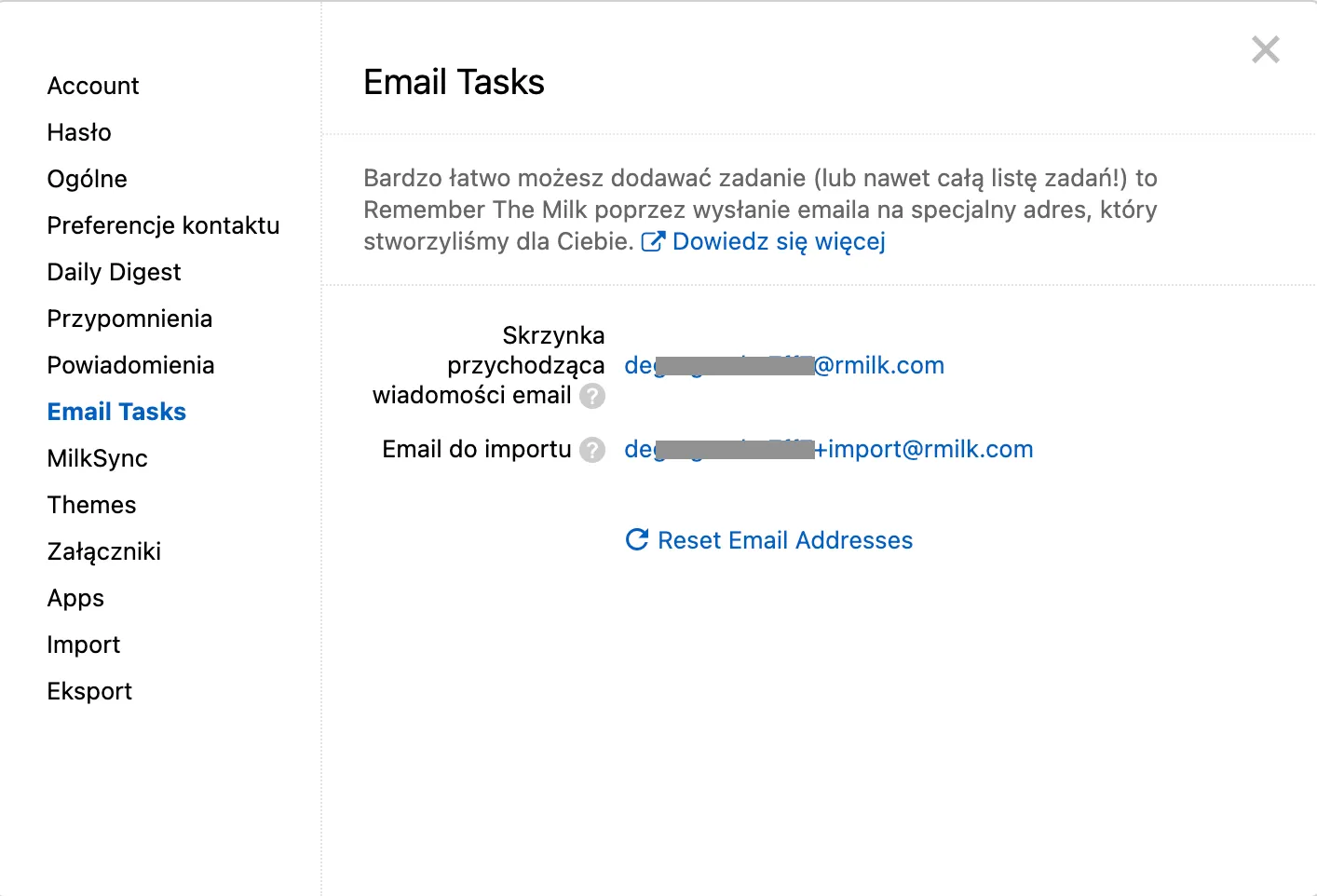 Remember The Milk - adres do wysyłki zadań przez email